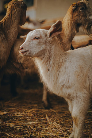 White goat standing on straw in sunlight inside a wooden barn. Concept of organic livestock farming and rural lifestyle.の写真素材