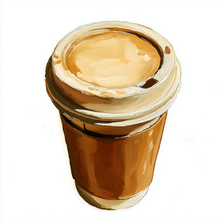 Oil painting of a takeaway paper coffee cup with plastic lid in warm tones.の素材