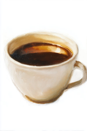 A classic cup of black coffee painted in a minimal oil style on white background.の素材