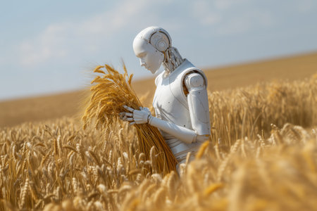A realistic humanoid robot standing in a wheat field, examining golden ears under sunlight.の素材