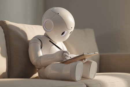 A humanoid robot sitting on a sofa and writing with a stylus on a digital tablet.の素材