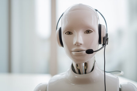 A realistic humanoid robot wearing a communication headset and looking forward.の素材