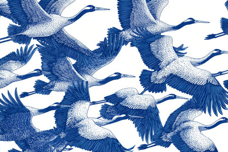 Seamless repeating pattern of flying cranes drawn in blue ink on white background.の素材
