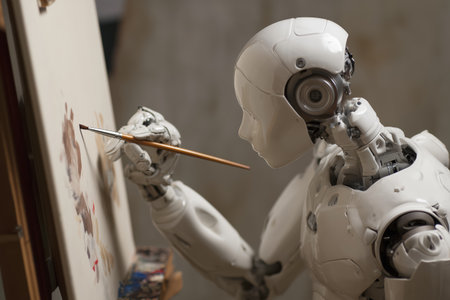 A humanoid robot creating artwork on a canvas with a paintbrush.の素材
