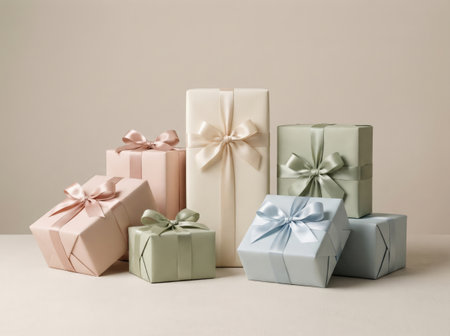Arrangement of pastel-colored gift boxes in pink, green and cream tones. Gentle lighting and soft shadows create a refined festive atmosphere for holiday design projects.の素材