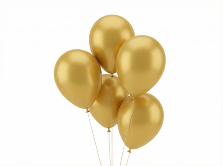 Elegant bundle of metallic gold balloons with soft reflections and clean studio lighting. Great for luxury event designs, holiday campaigns, and premium celebratory graphics.の素材