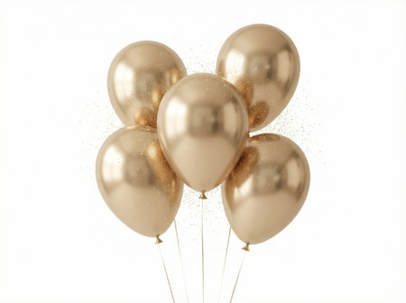 Group of smooth metallic gold balloons floating together against a bright white background. Suitable for premium event branding, holiday promotions and elegant festive designs.の素材