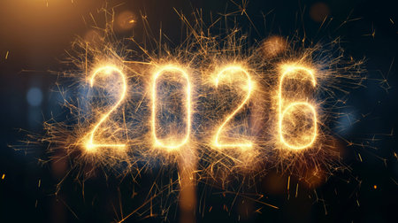 Bright glowing 2026 numbers in a dark setting surrounded by sparkling particles. A dynamic, energetic New Year image suitable for banners, posters and digital greetings.の素材
