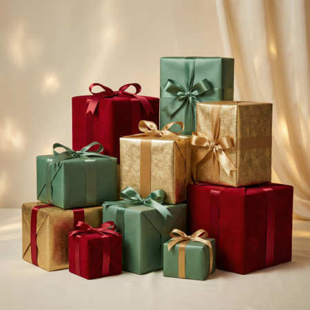 Tower of beautifully wrapped red, gold and green gift boxes with matching ribbons. A rich, classic festive composition perfect for Christmas promotions and holiday campaign visuals.の素材