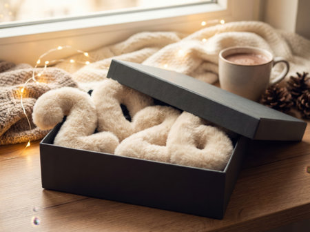 Cozy holiday still life featuring fluffy 2026 numbers inside a black gift box. Warm light and soft textures create a gentle seasonal atmosphere ideal for New Year visuals.の素材