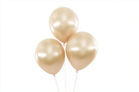 Three smooth metallic gold balloons floating together on a bright white backdrop. Clean, elegant and suitable for premium festive layouts or celebratory graphic projects.の素材