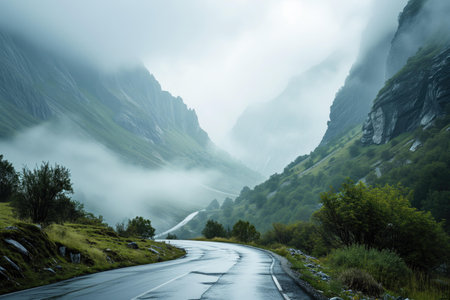 Mountain road in the French Alps in summer. Foggy dayの素材