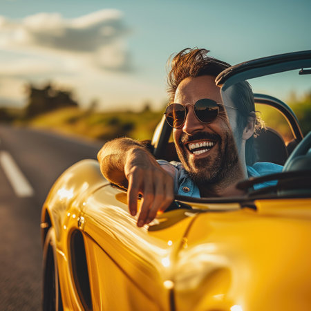 Smiling young man driving a convertible car on a country road.の素材