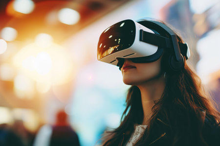 Young woman using virtual reality headset in the city. Technology concept.の素材