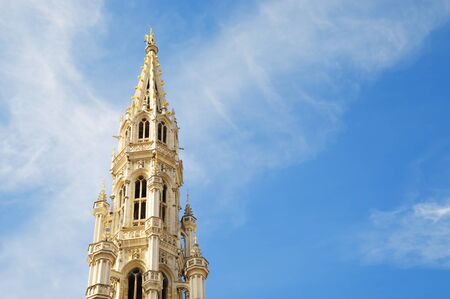 Upper part of medieval tower on Grand Place in Brussels, Belgium in sunny dayのeditorial素材