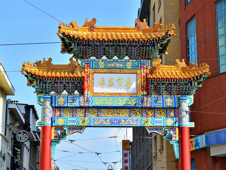 ANTWERP, BELGIUM-MAY 05, 2014: Details of entry in Chinatown in Antwerp. The gate is a gift of Chinese government to city Antwerp as a sign of friendship. のeditorial素材
