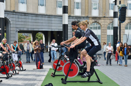 BRUSSELS, BELGIUM-SEPTEMBER 21, 2014: Training activities during Car Free Sunday in Brussels. This is a yearly action which become one of traditions of the cityのeditorial素材