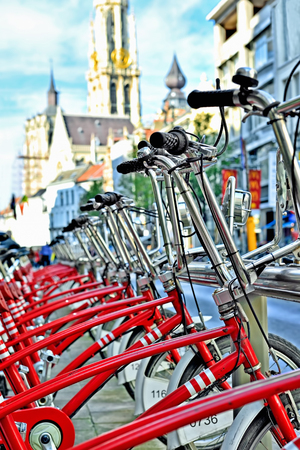 ANTWERP, BELGIUM-OCTOBER 04, 2014: Bicycles for rent from Velo City Bikes in historical center of Antwerp. More than 150 stations are available in the cityのeditorial素材