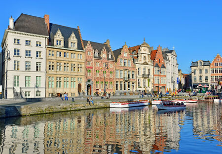 GHENT, BELGIUM-NOVEMBER 01: Unusual warm weather attracted many people to Graslei square in historical center of the city.のeditorial素材