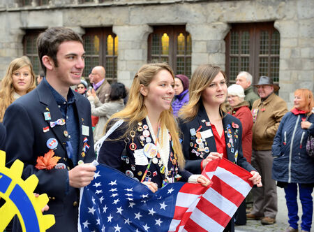 YPRES, BELGIUM-NOVEMBER 11, 2014: Participants of Poppy Parade commemorating 100 years of World War I march from Grand Place to Porte de Menin or Gates of Meninのeditorial素材