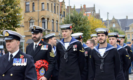 YPRES, BELGIUM-NOVEMBER 11, 2014: Participants of Poppy Parade commemorating 100 years of World War...