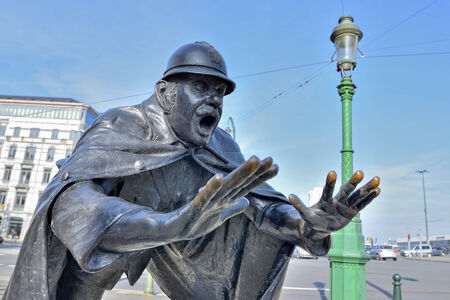 BRUSSELS, BELGIUM-MARCH 08, 2014: Sculpture De Vaartkapoen created in 1985 illustrating cartoon serial about Quick and Flupke.のeditorial素材