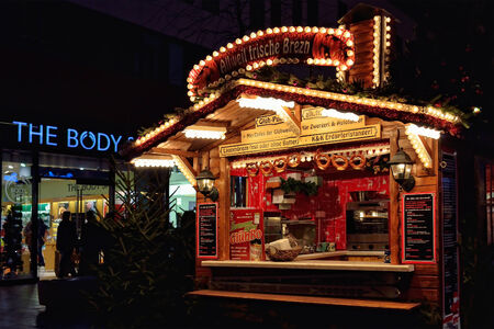 LEIPZIG, GERMANY-DECEMBER 20, 2014: Traditional German decorated pavilion on Christmas market. Gluhwein or hot wine is mostly sold drink on Christmas marketsのeditorial素材