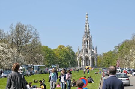 BRUSSELS, BELGIUM-MAY 01, 2013: People visit the neogothic Monument of Leopold I in Laken, in Brusselsのeditorial素材