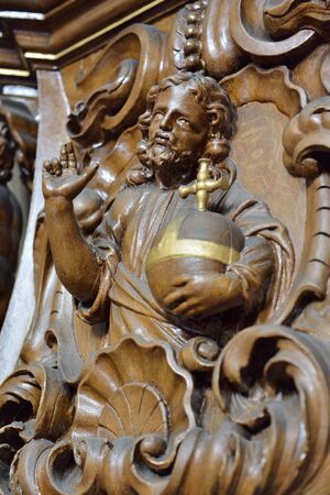 OUDENAARDE, BELGIUM-JUNY 23, 2015: Details of wooden decor of pulpit in church Saint Walburga, known from 11 centuryのeditorial素材
