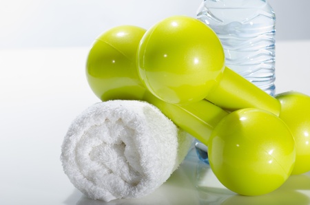 Fitness equipment towel, water, dumbbellの写真素材
