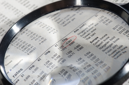 Magnifying in a newspaper article about stock marketの写真素材