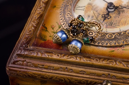 Handmade jewellery necklace and earings presented on jewellery boxの写真素材