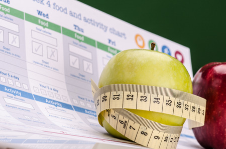 Green and red apples with a measuring tape and programs written about  food and activity  chart
