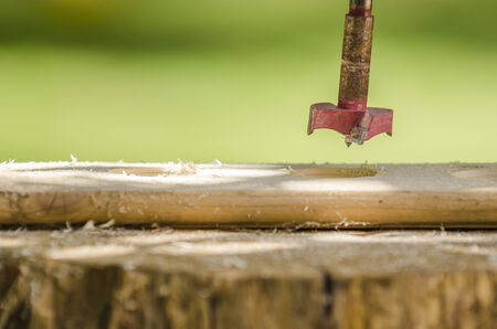 Tool cutting holes in woodの写真素材