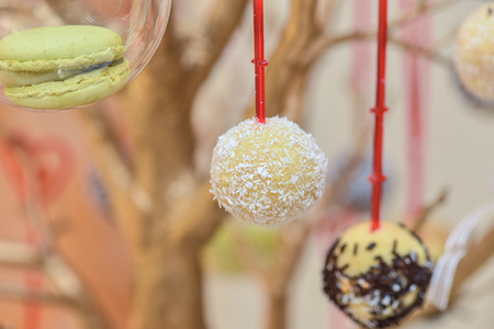 Candy shape cakes covered with coconut flakes for candy barの写真素材