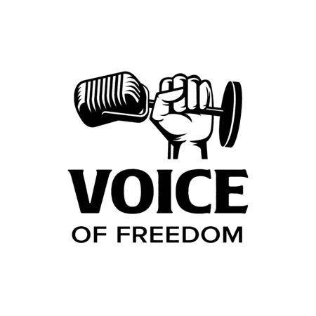 Voice of freedom  . Fist hold mic iconic. Branding for band, social organization, singer, singing contest, mass organization, voice record, etc. Isolated logo vector inspiration. Graphic designsのイラスト素材
