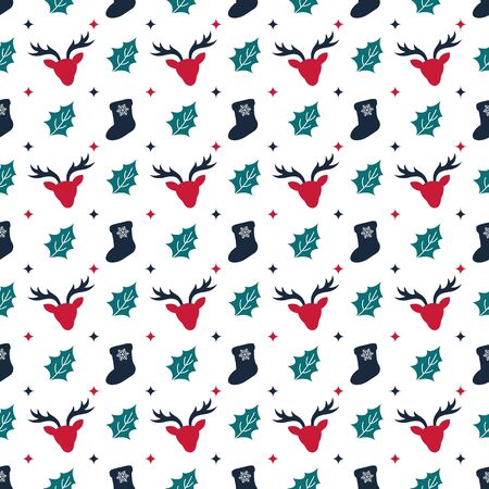 Reindeer seamless pattern. Christmas symmmetry texture. Designs for wrap, pack, cover, cards, gifts, pillows, bedding, dress, etc. White background. Isolated vector illustration. Graphic designsのイラスト素材