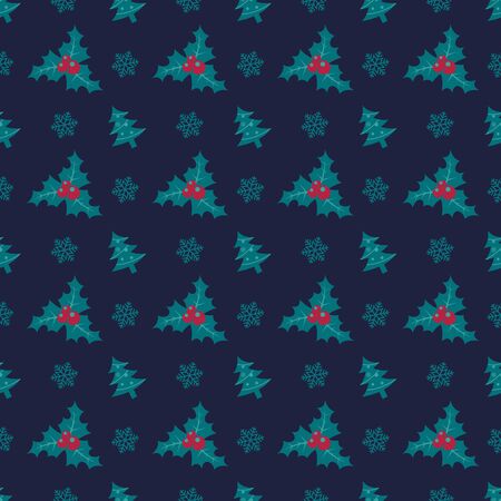 Holly berry seamless pattern. Christmas symmmetry texture. Designs for wrap, pack, cover, cards, gifts, pillows, bedding, dress, etc. Navy background. Graphic designsのイラスト素材