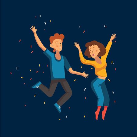 young couple in cartoon style dancing fun. vector illustration templates with web style accessories icons isolated vector illustrationのイラスト素材