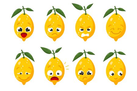 Limon fruit. Cute vector character set in various action emotions. Collection of funny fruit symbols isolated on a white backgroundのイラスト素材