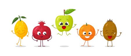 Vector set of cartoon images of cheerful funny fruits lemon, granatum, apple, orange, kiwi on a white background. Emotions, emoji, character.のイラスト素材