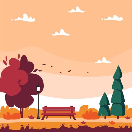 Autumn city Park with deciduous and coniferous trees, street lamp and bench. Cartoon landscape in flat style - vectorのイラスト素材