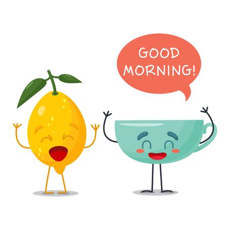 Morning Cup with lemon say in the bubble Good morning . Fun fruits with a happy greeting. Postcard in a cute cartoon style.のイラスト素材