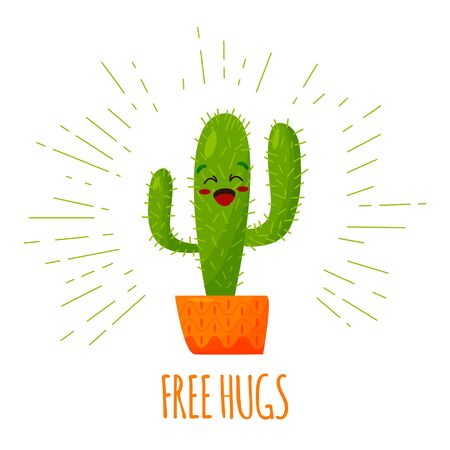 Cartoon-style illustration with a motivating phrase. Positive cactus is ready for hugs. Vectorのイラスト素材