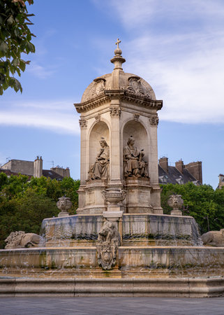 Paris, France 08 04 2023: Fontaine Saint-Sulpice is a fountain located in Place Saint-Sulpice square. It was constructed between 1843 and 1848 by Italian-born French architect Louis Viscontiのeditorial素材