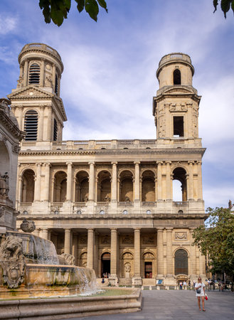 Paris, France 08 04 2023: Summer sunset view of the Eglise Saint-Sulpice Catholic Church the largest church in Paris, France. As tall as Notre-Dame, the cathedral is dedicated to Sulpitius the Piousのeditorial素材