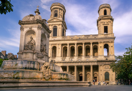 Paris, France 08 04 2023: Summer sunset view of the Eglise Saint-Sulpice Catholic Church the largest church in Paris, France. As tall as Notre-Dame, the cathedral is dedicated to Sulpitius the Piousのeditorial素材