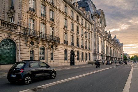 Paris, France 08 04 2023: Summer sunset view on Esplanade Valery Giscard dEstaing street in Paris...