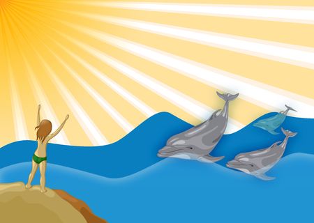 illustration of   little girl with a dolphin の写真素材