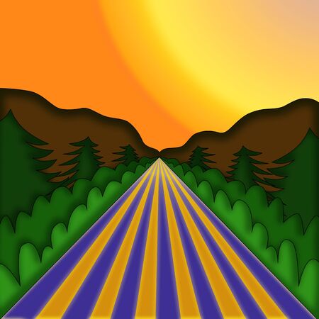 illustration   of  landscape  with road  and  spruces の写真素材